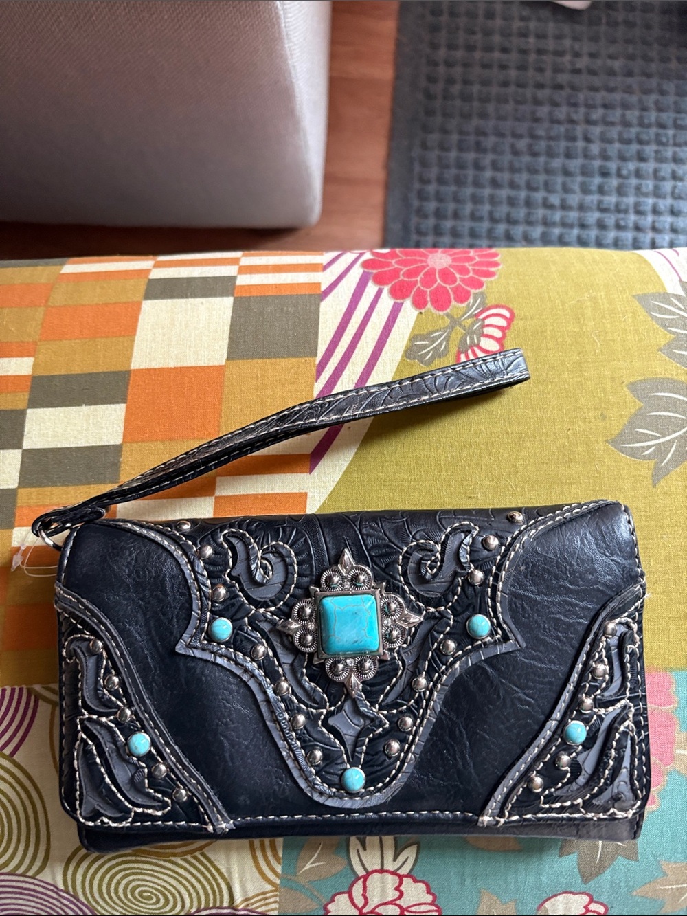 Black Wristlet Wallet with Turquoise Accents